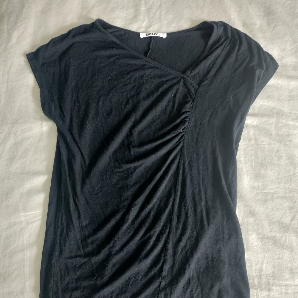 Runched Asymetrical Black Short Sleeve Tee DKNYC